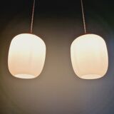 Pair of Scandinavian pendant lights in white satin glass, 1960s