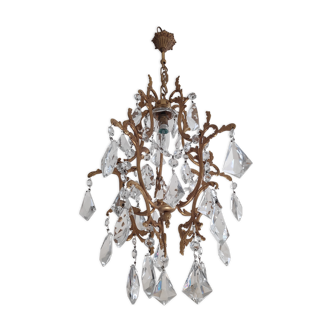 Lustre cage bronze et pampilles en cristal