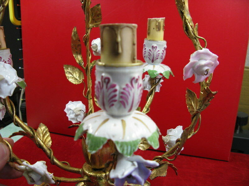 Golden cage iron chandelier 3 leafy arms of light adorned with porcelain flowers