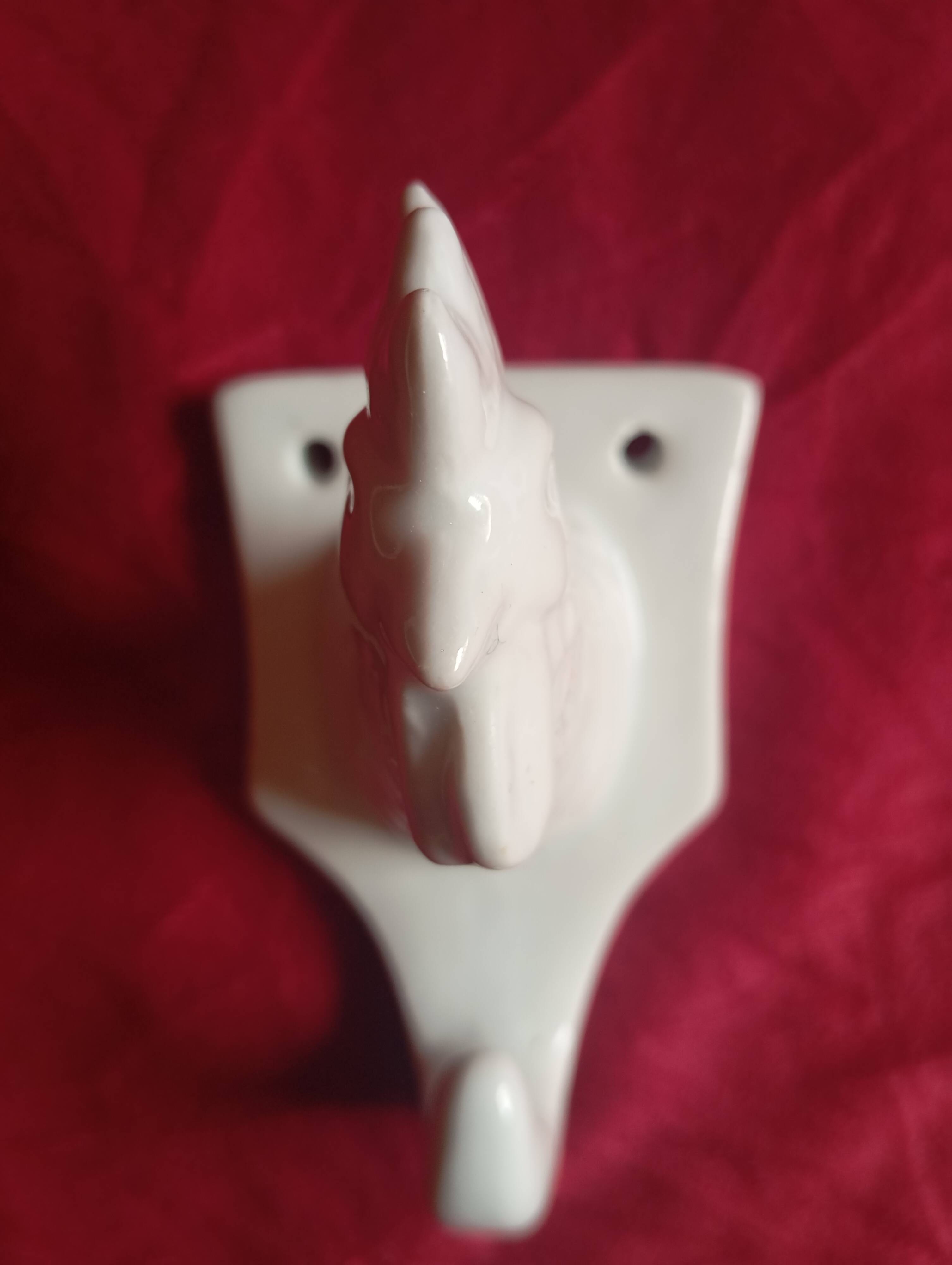 RARE WHITE PORCELAIN COAT HOOK WITH ROOSTER MOTIF