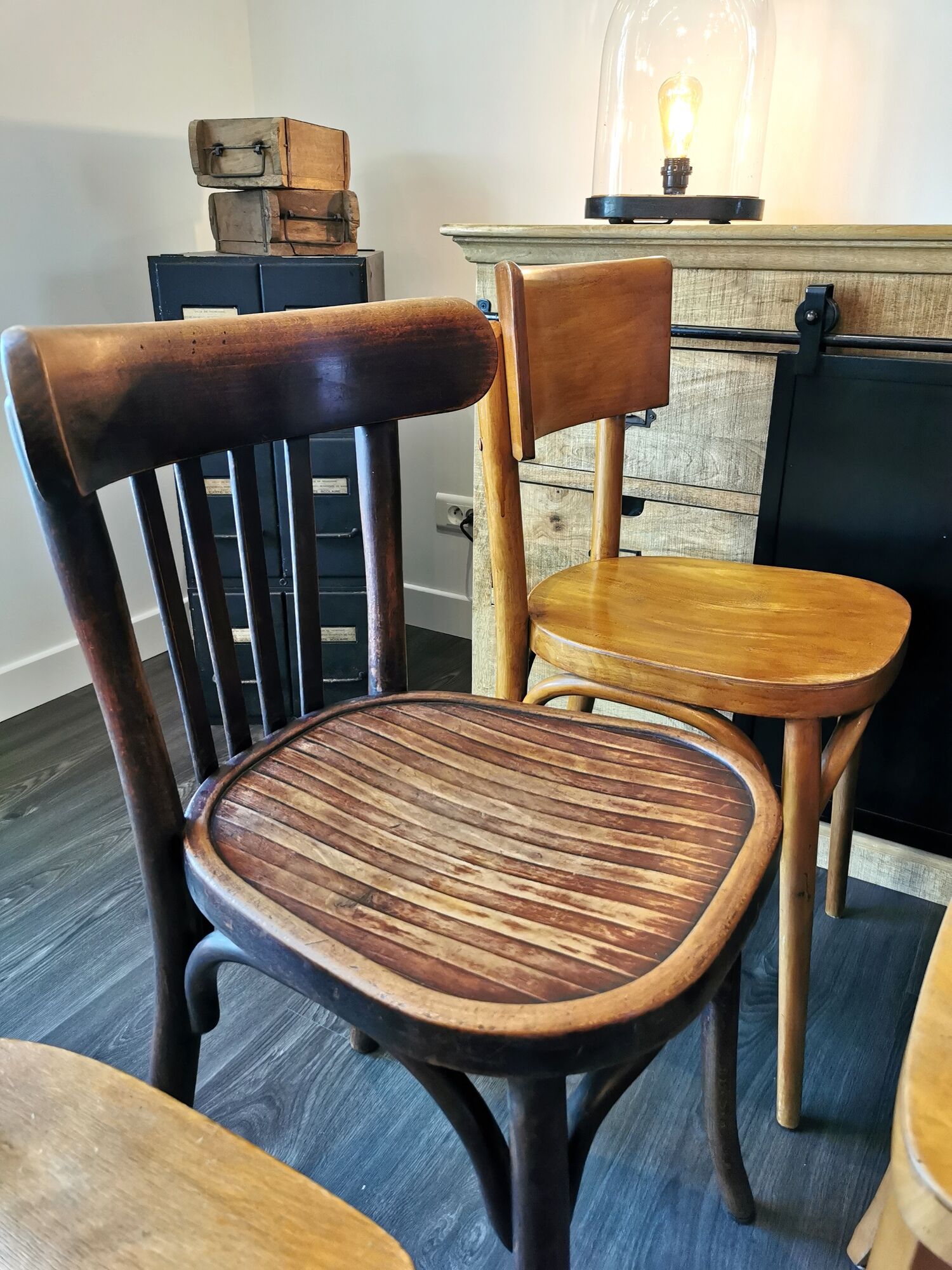 Baumann Stella and Luterma series of 6 mismatched bistro chairs