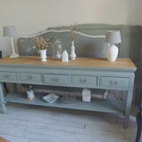 Console 5 drawers 1 re-enchanted tablet in gray green wooden top
