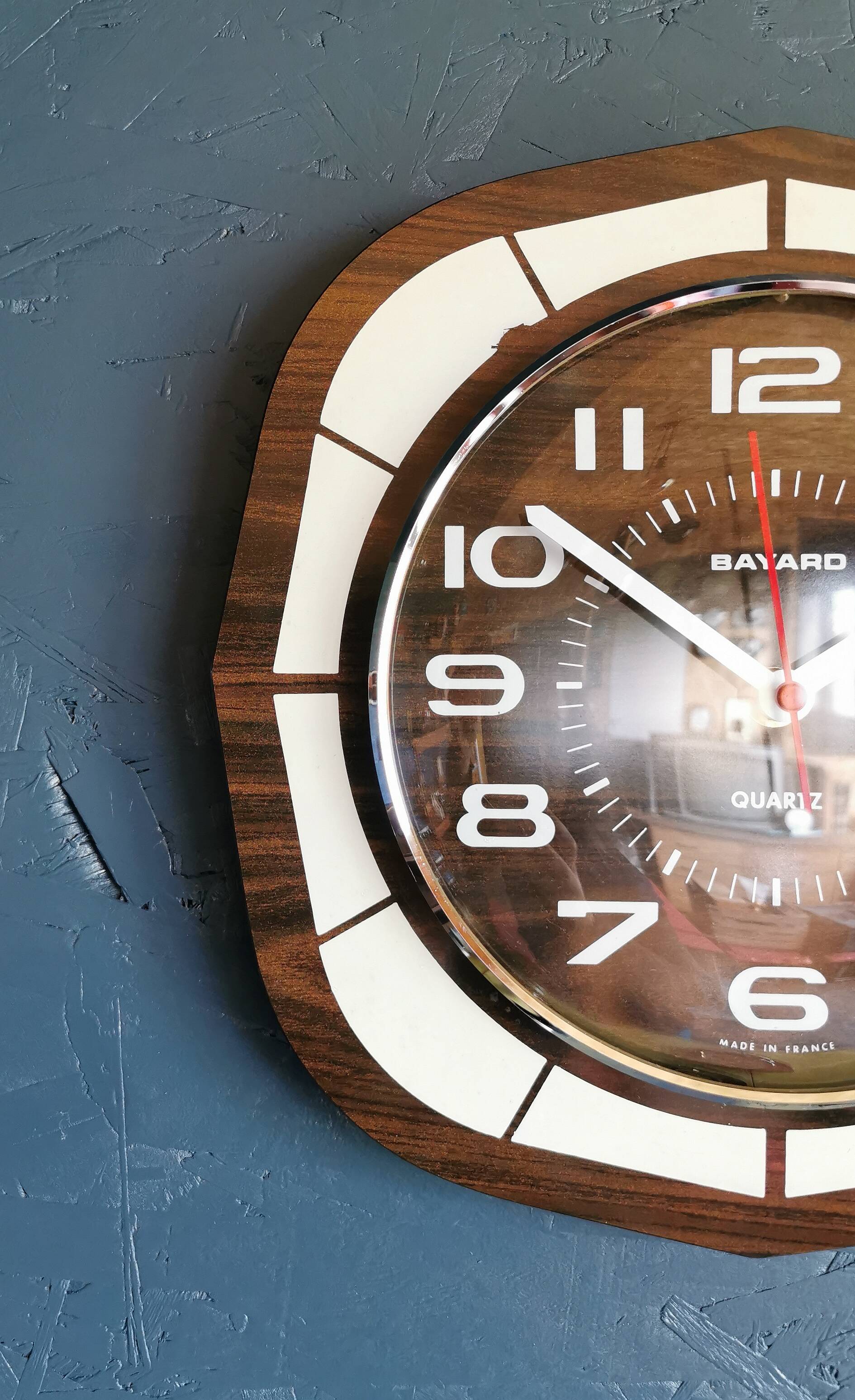 Vintage formica clock square silent wall pendulum "Bayard white wood"