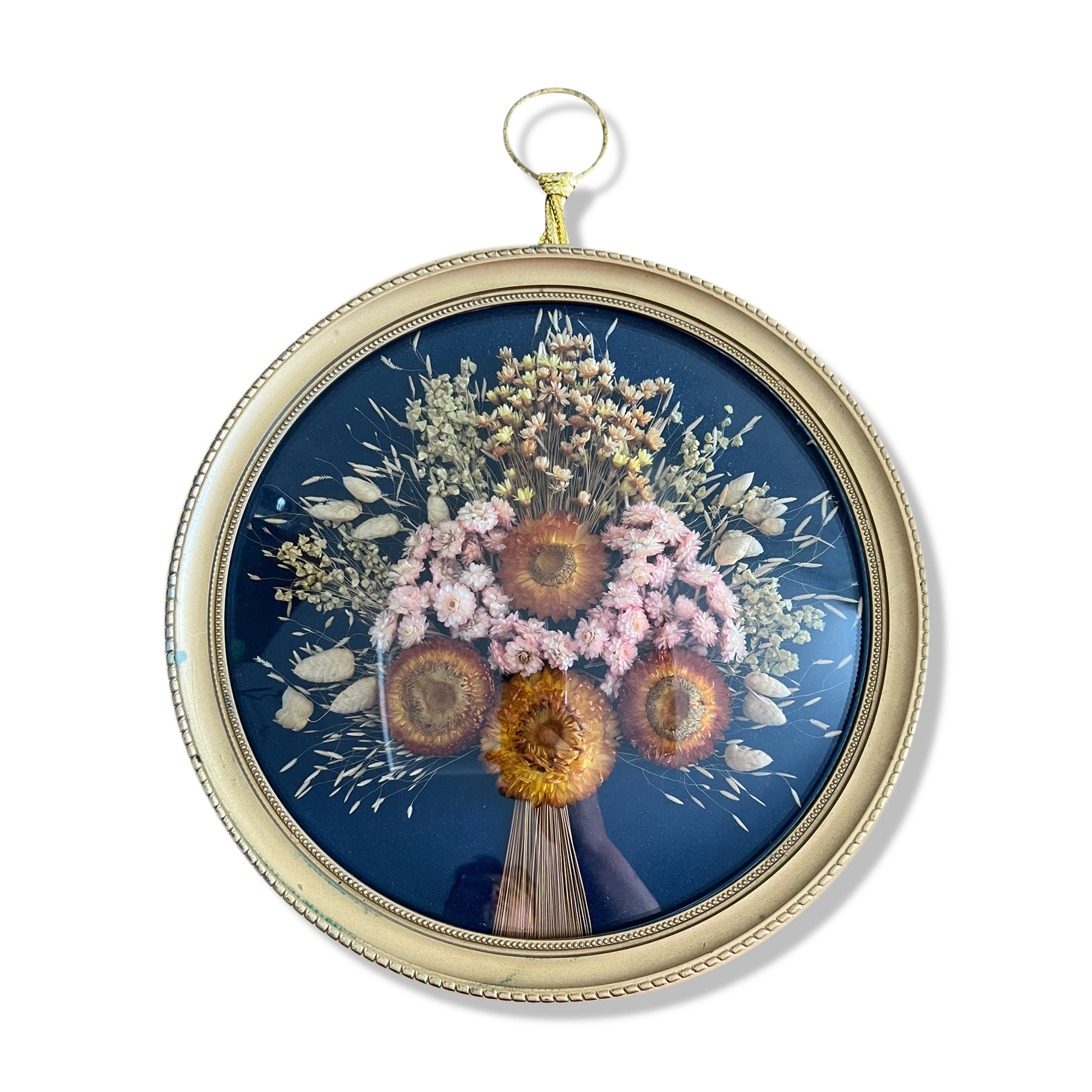Cadre rond verre bombé fleurs séchées
