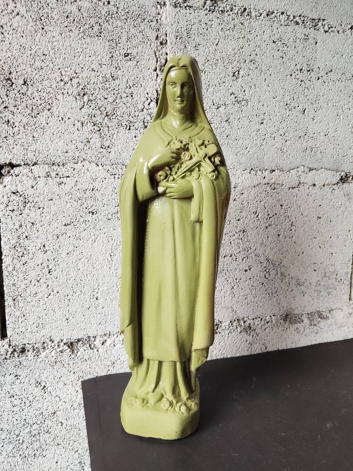 Ancient statue of Saint Thérèse of Lisieux – patinated olive green plaster