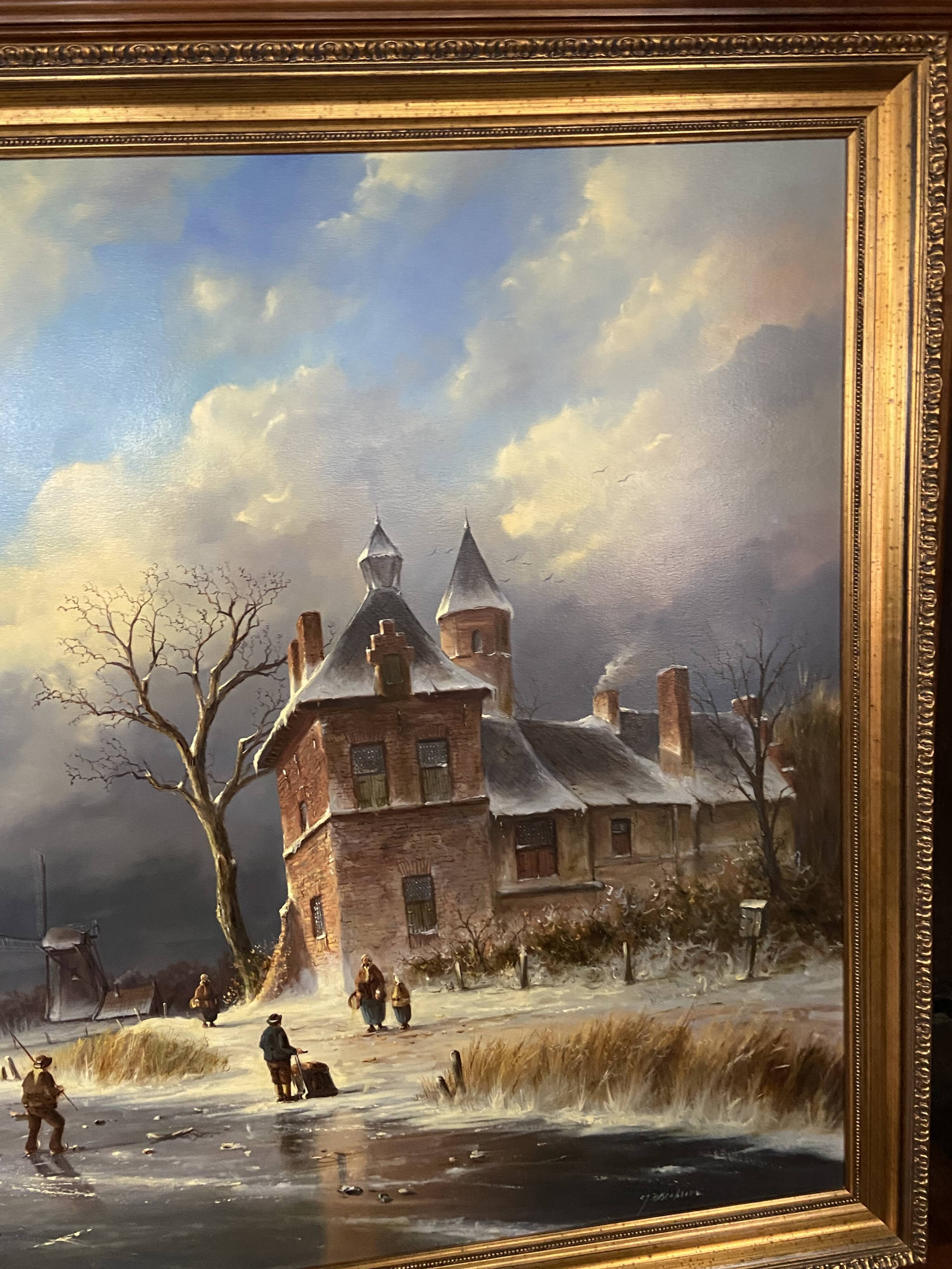 Huge oil painting on canvas Dutch school winter landscape 164x132