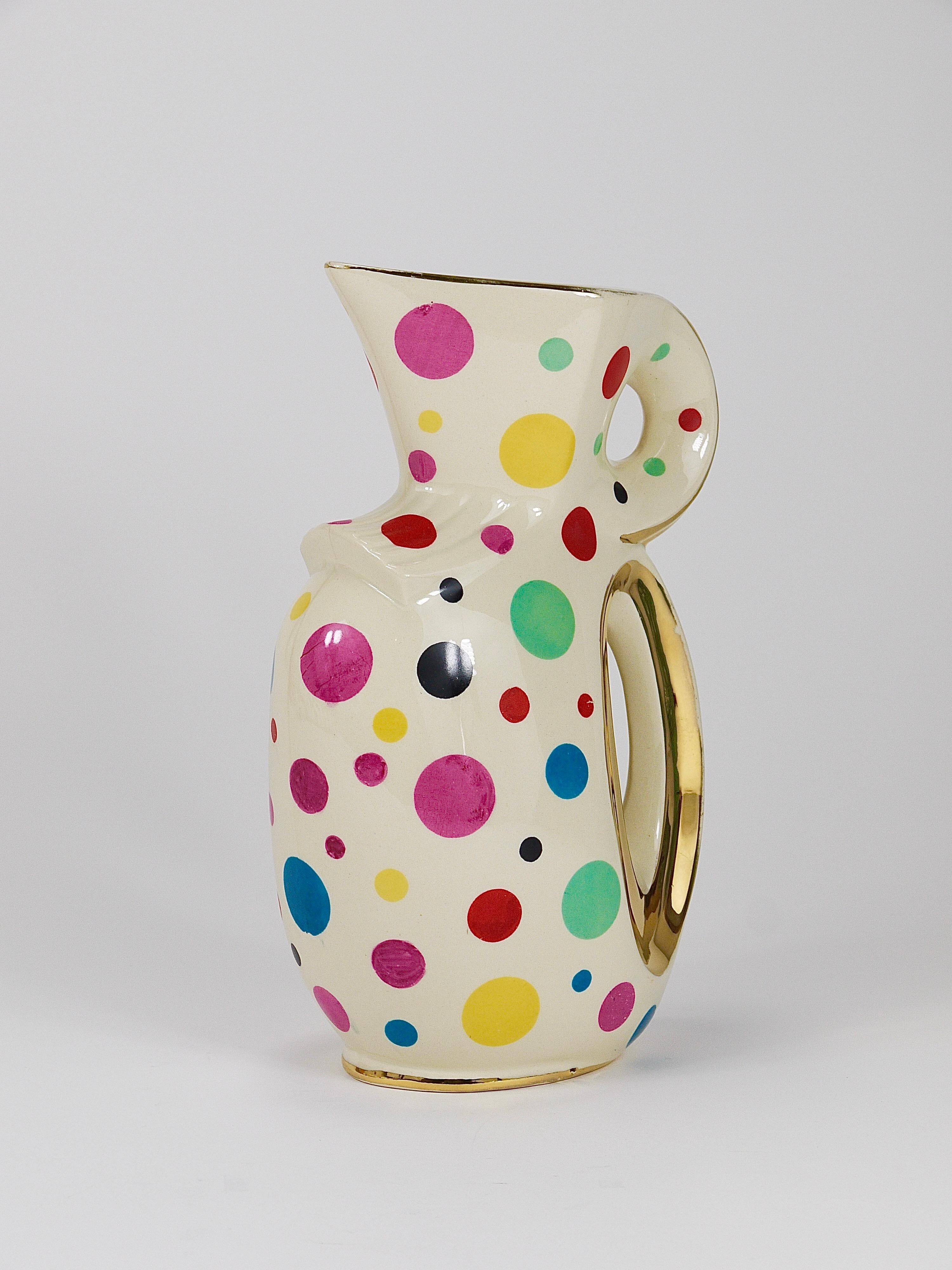 Boch Frères Pichet / Mid-Century Jug in Gold and Polka Dots, Belgium, 1950s
