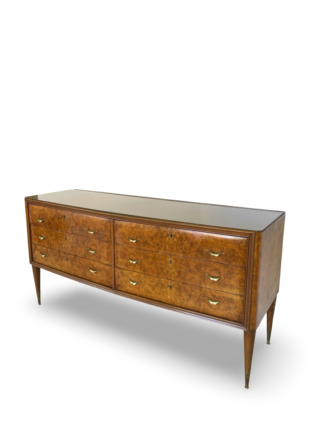Veneered burl walnut chest of drawers with light warm brown glass top