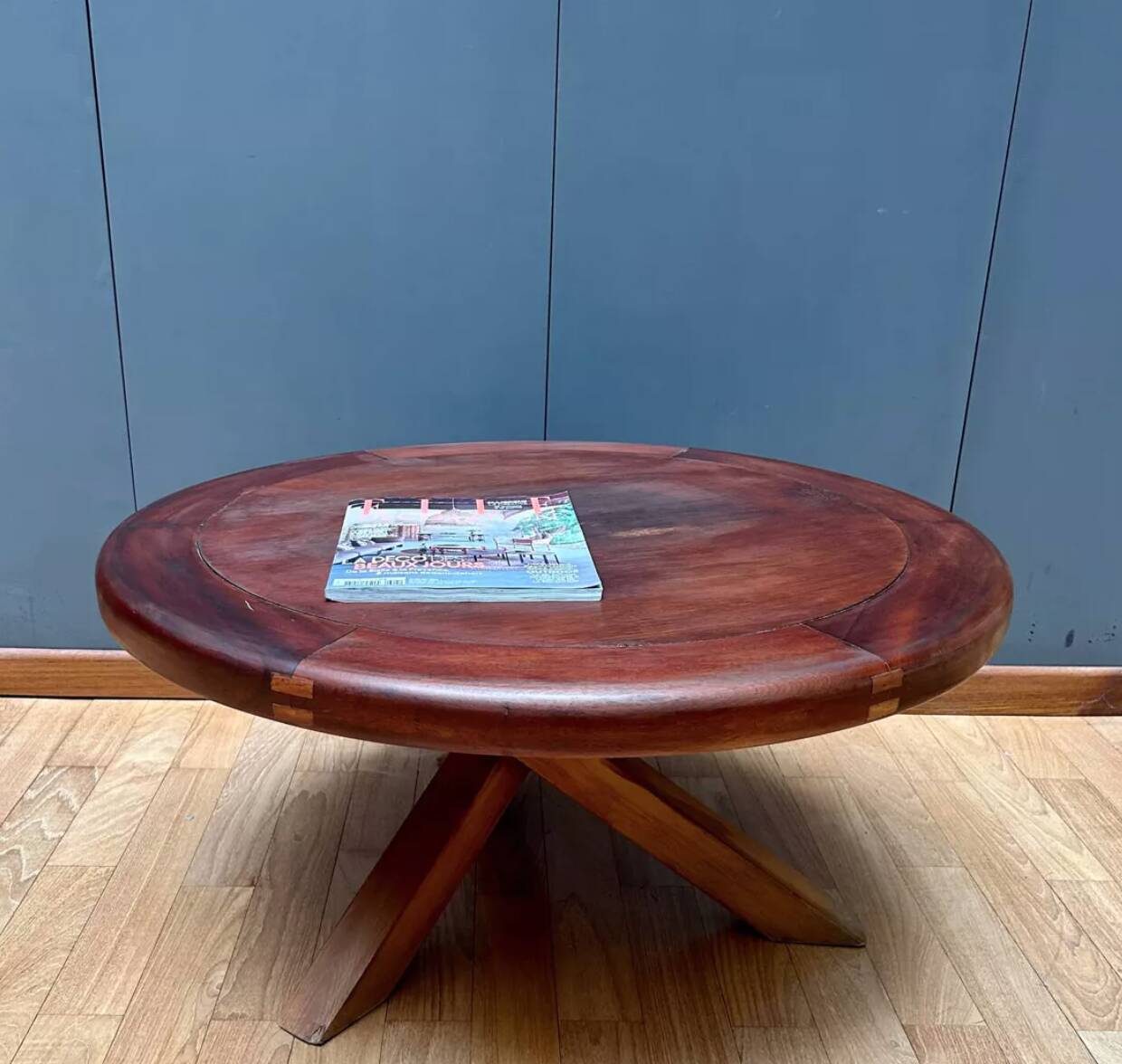 Vintage wooden coffee table with intersecting legs, France 1970