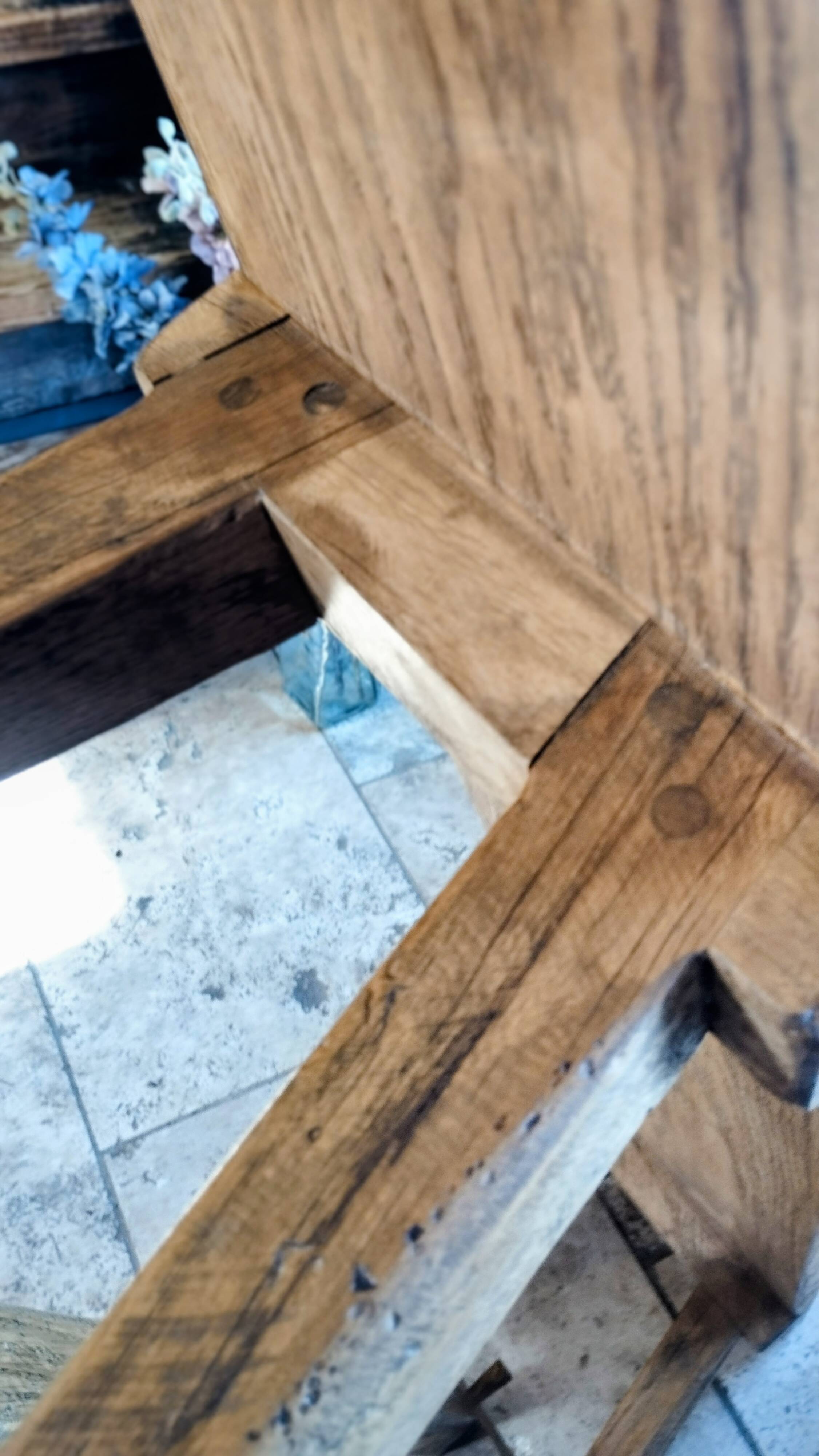 "A frame" bench in solid oak, patinated.
