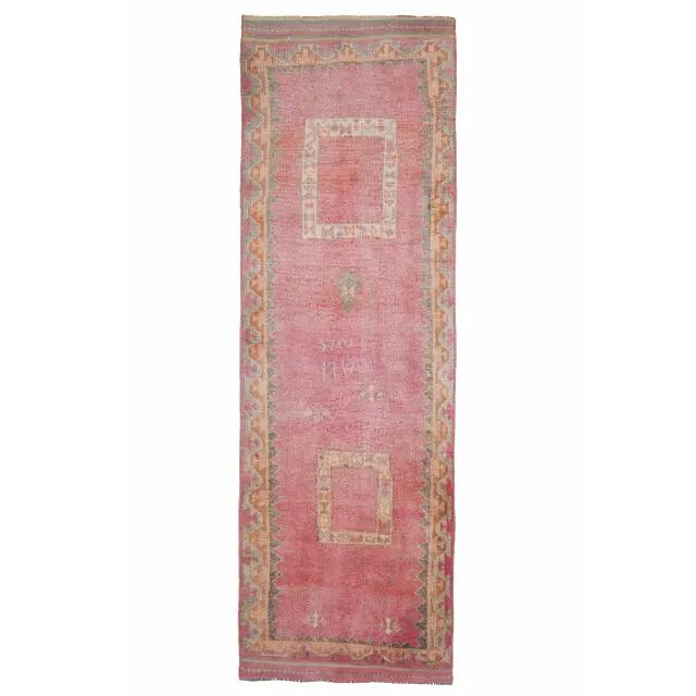 1970s Vintage Turkish Hand-Knotted Wool Cotton Pink Runner Rug 110x361
