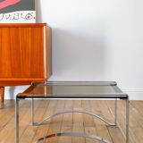 Rectangular coffee table in chrome and smoked glass, arched legs, Space Age, Design, 1970