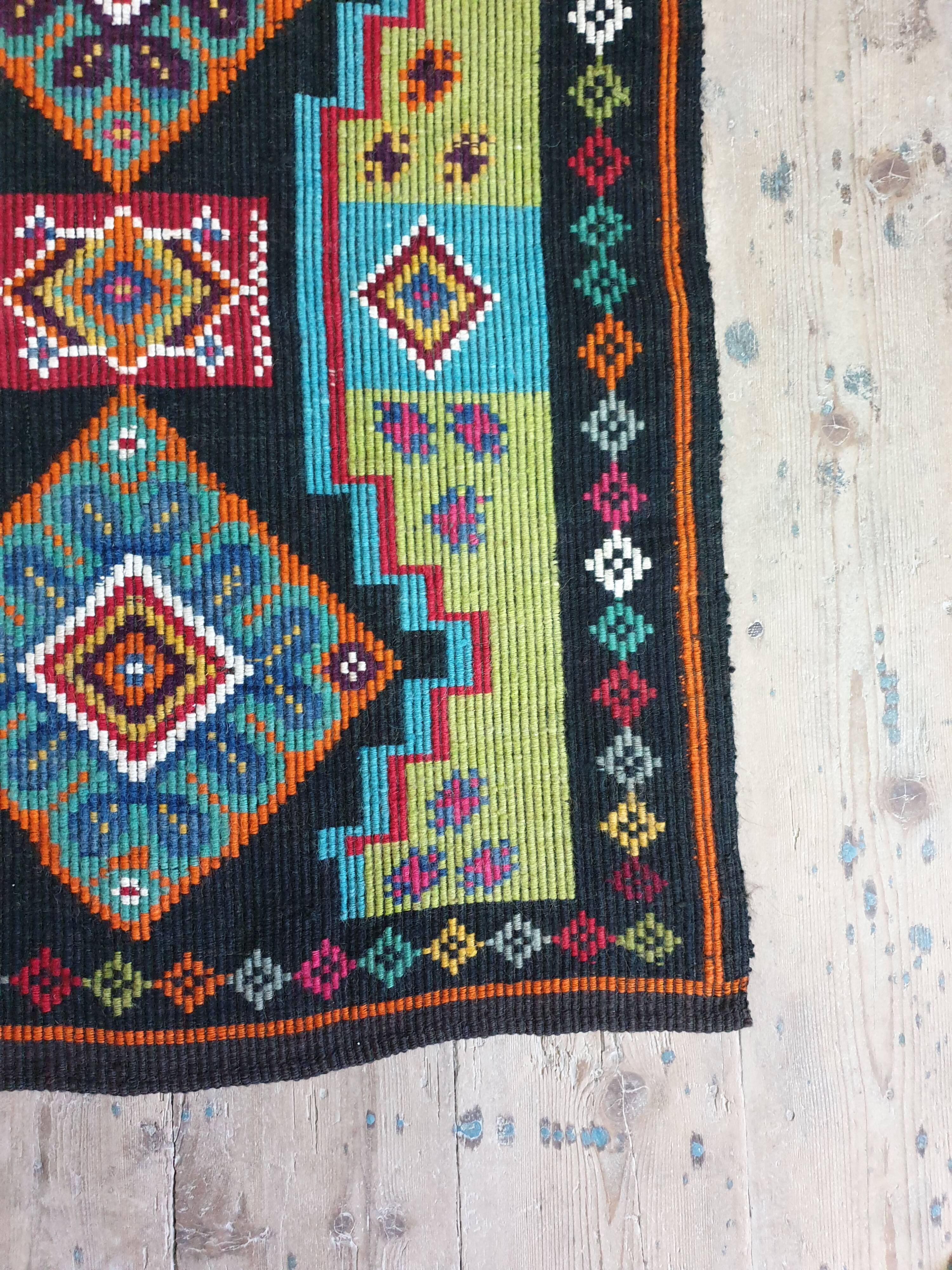 Handwoven vintage accent geometrical rug, colorful wool, Romanian carpet 220x146cm