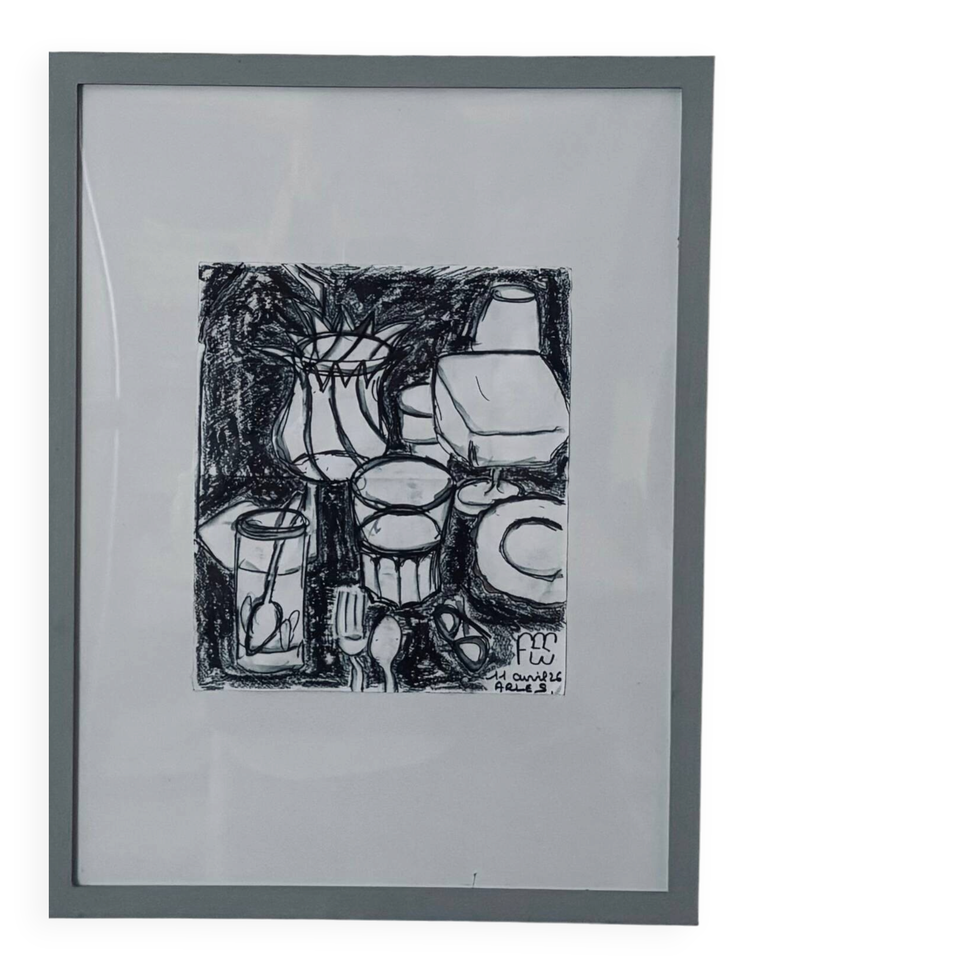 Still life in ink and oil pastel