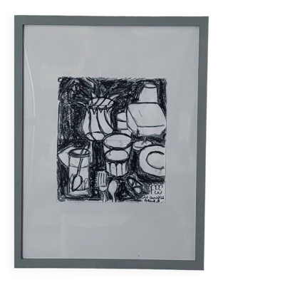 Tableau nature morte encre et pastel gras