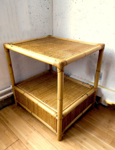 Vintage coffee table wood and blond rattan one drawer ca 1970