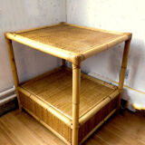 Vintage coffee table wood and blond rattan one drawer ca 1970
