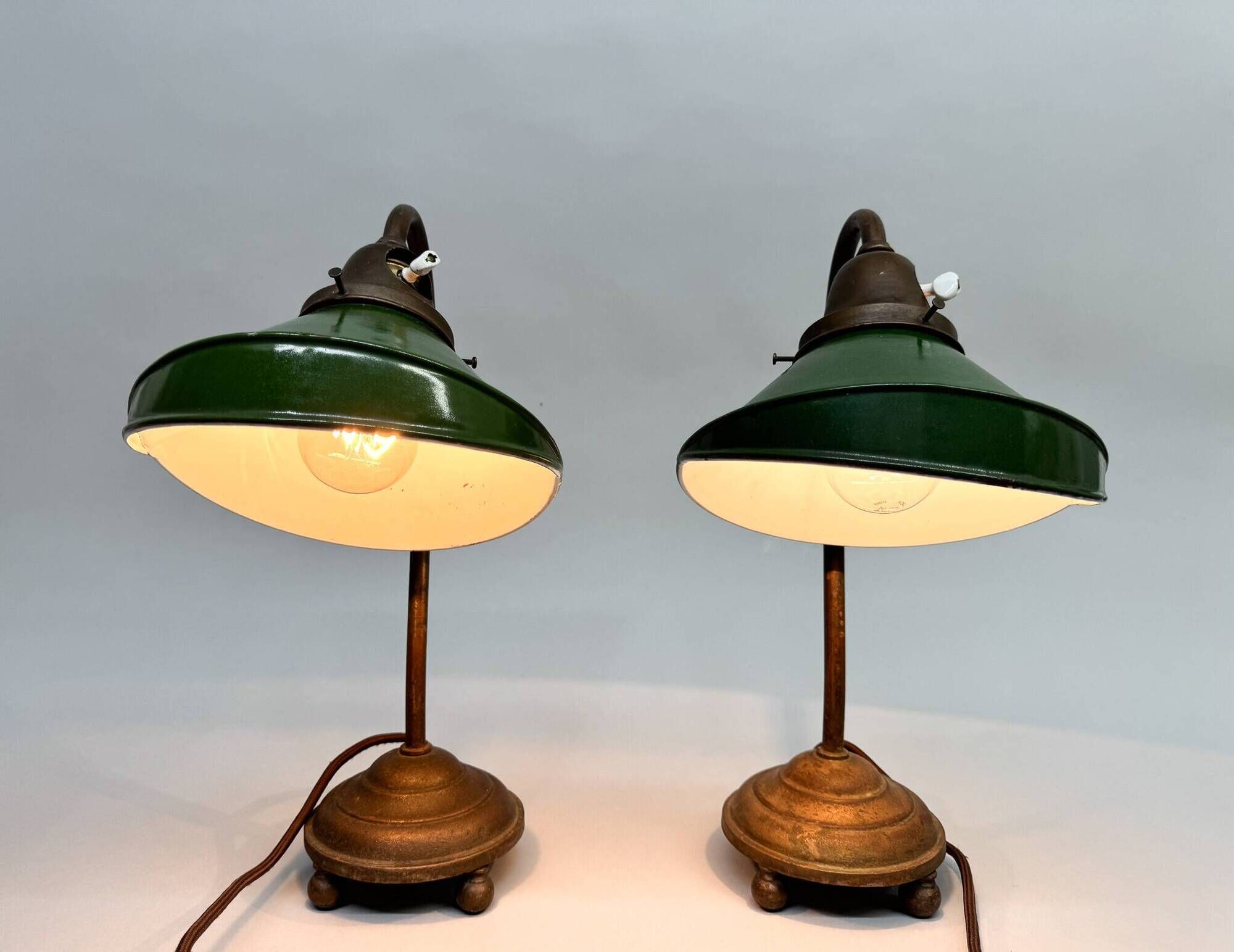 Pair of Unique 1920's Enamel & Cast Iron Desk Lamps, Czechoslovakia