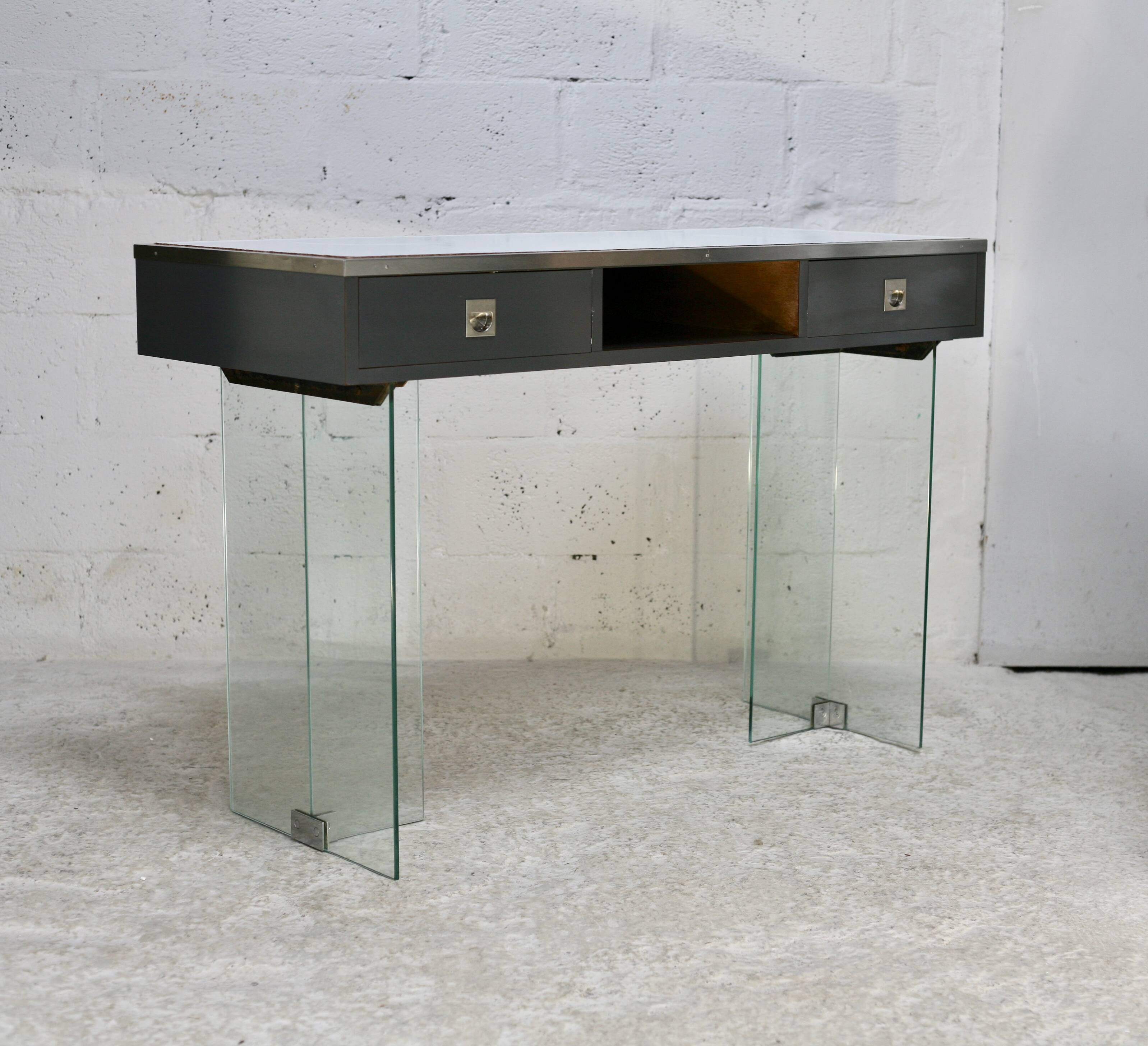 Modernist console, 60s, glass base, wooden and melamine top, white