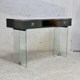 Modernist console, 60s, glass base, wooden and melamine top, white