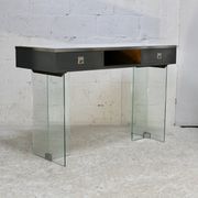 Modernist console, 60s, glass base, wooden and melamine top, white