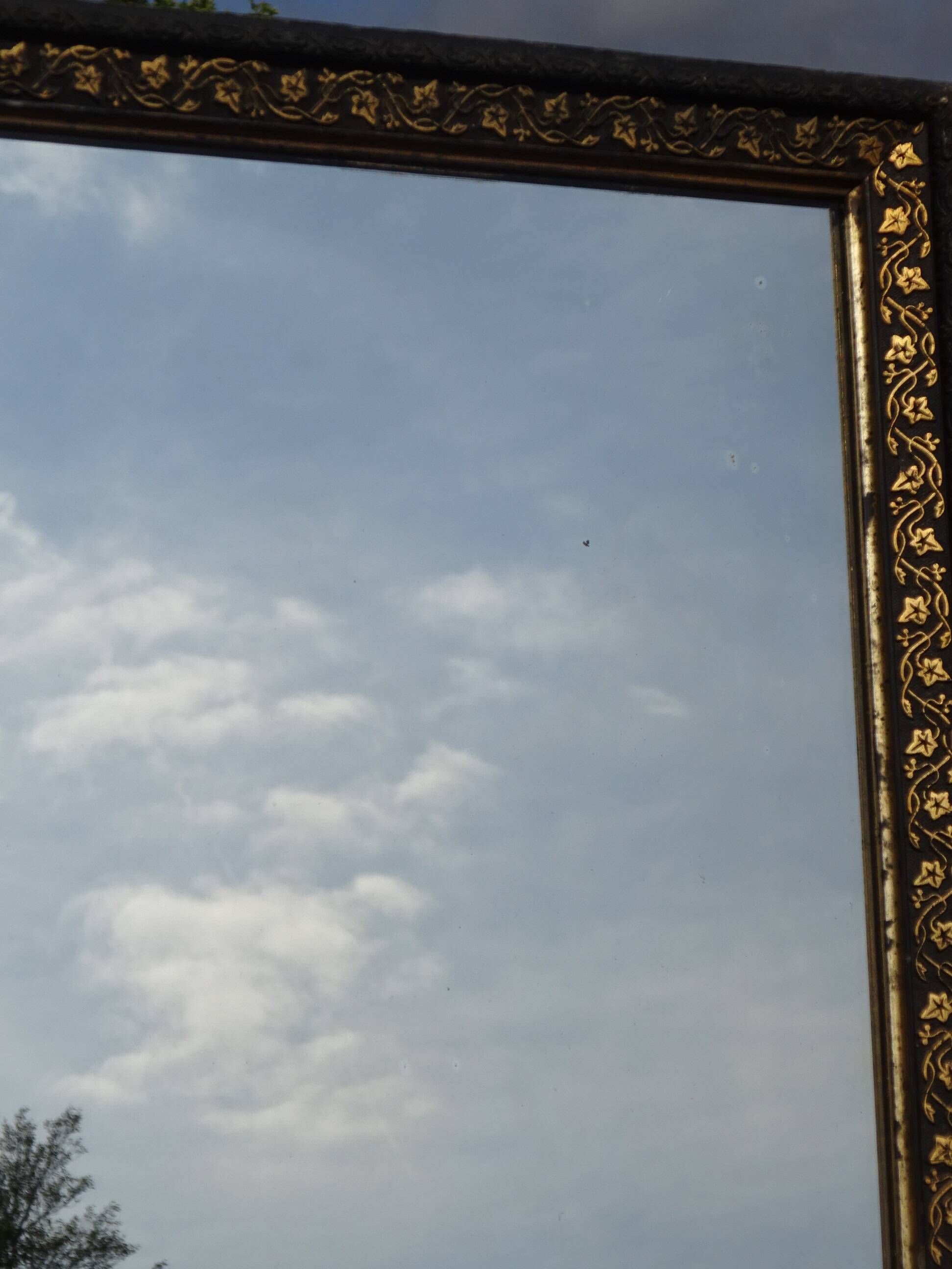 Mirror with black and gold frame, embossed vine leaves