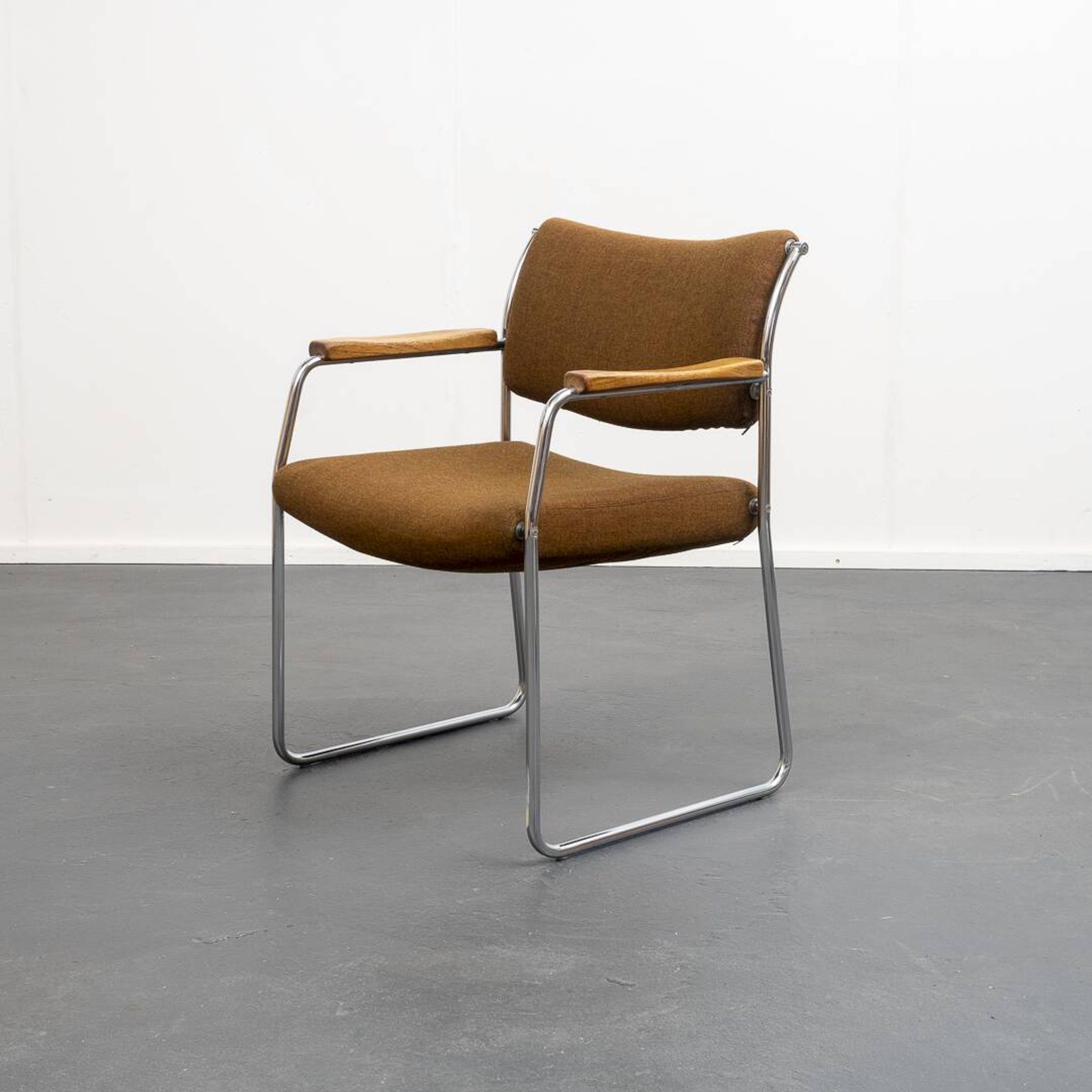 Armchair, 1960s, chrome metal frame, teak armrests.