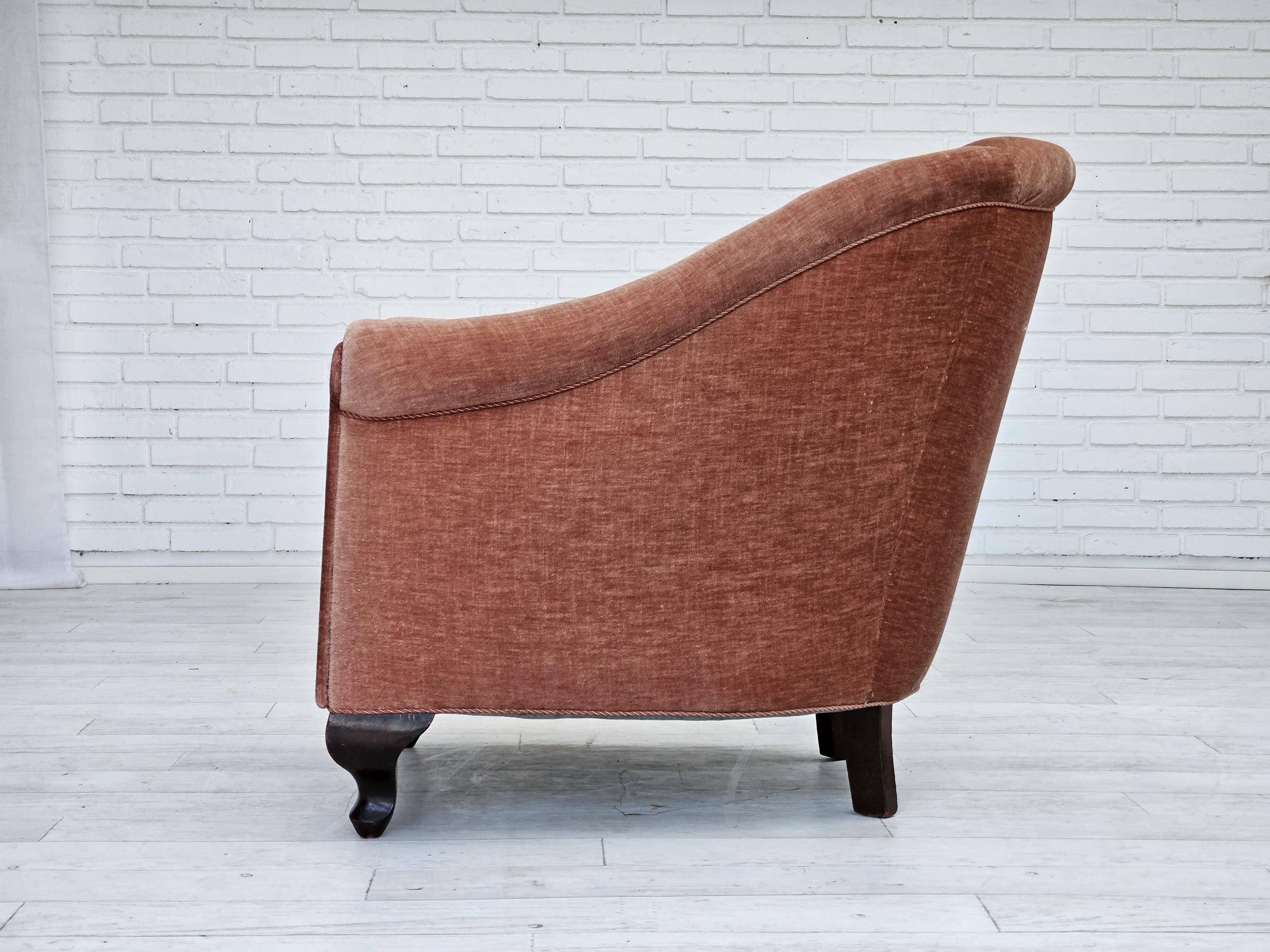 1960s, Danish armchair, salmon pink furniture velour, ash wood legs.