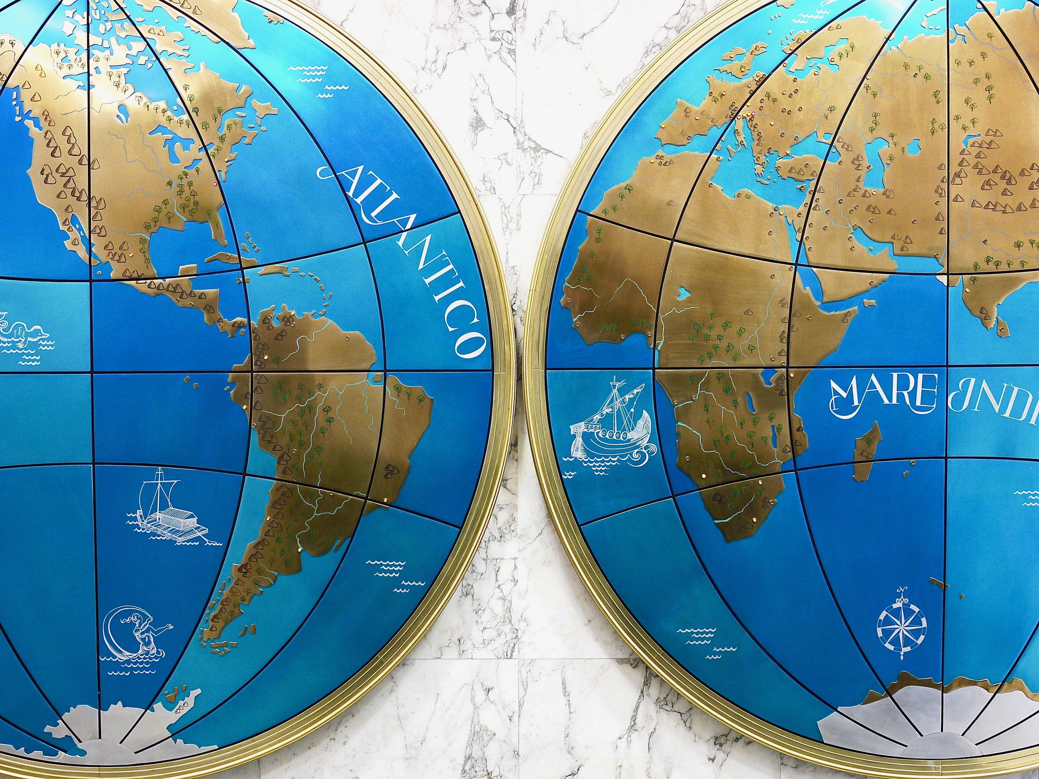 Impressive pair of two giant modern wall globes, world map, diameter 95 inches, 1950s.