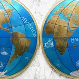 Impressive pair of two giant modern wall globes, world map, diameter 95 inches, 1950s.