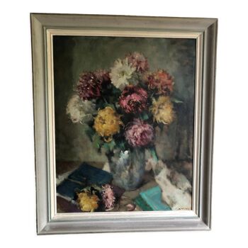 Huile sur toile P. Weiss, bouquet de chrysanthèmes