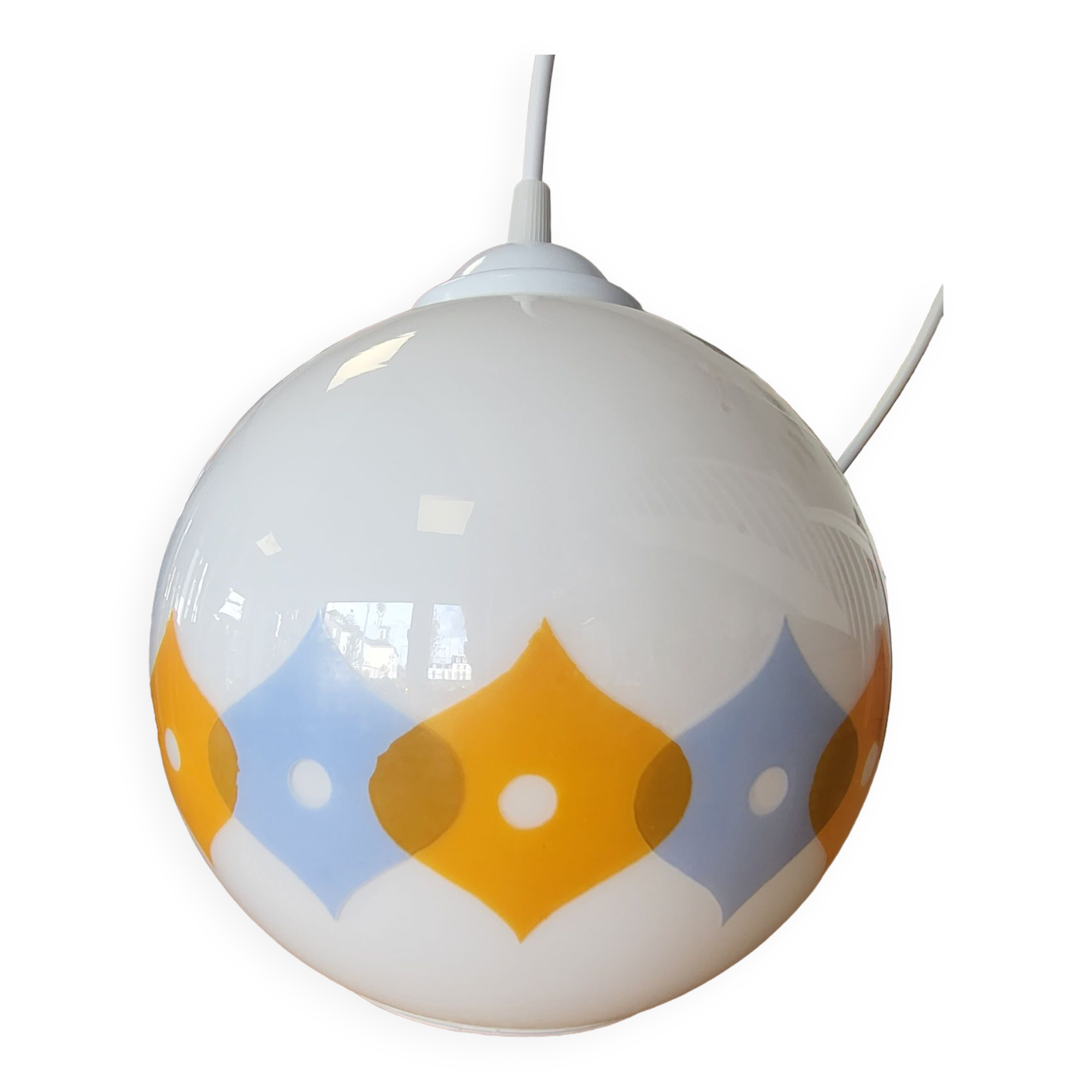 Suspension ball in opaline white geometric patterns orange and blue years 60/70