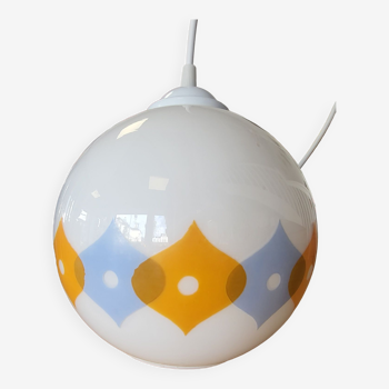 Suspension ball in opaline white geometric patterns orange and blue years 60/70