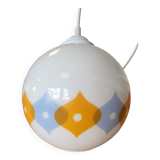 Suspension ball in opaline white geometric patterns orange and blue years 60/70
