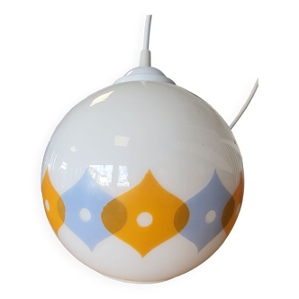 Suspension ball in opaline white geometric patterns orange and blue years 60/70