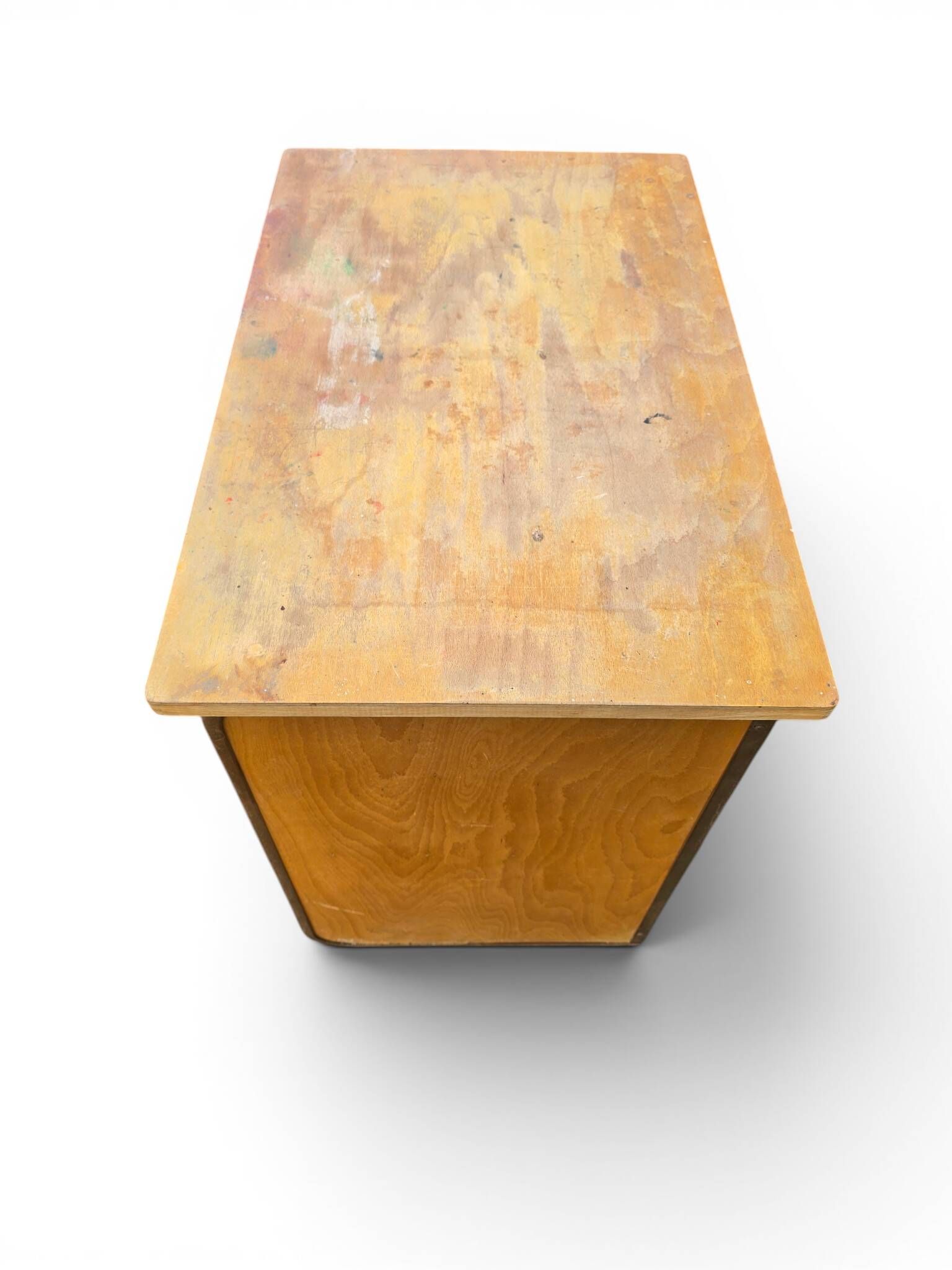 Vintage 1950s desk made of wood and metal with a 3-drawer unit.