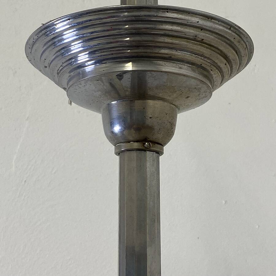 Art Deco chandelier in wood, chrome metal, and glass.