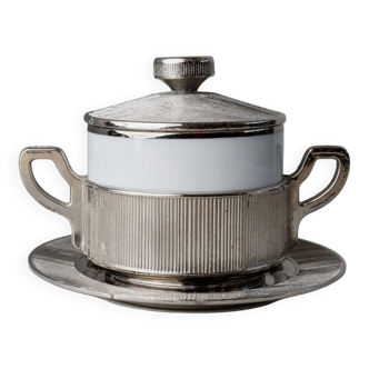 Blanc Porcelaine with Silver-Plated Lid Monopoli Italy 1950s Mid-Century Sugar Jam Bowl