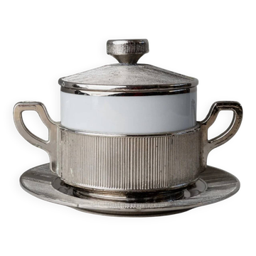 Blanc Porcelaine with Silver-Plated Lid Monopoli Italy 1950s Mid-Century Sugar Jam Bowl