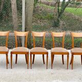 5 Louis XVI chairs in solid wood and beige tiled suede