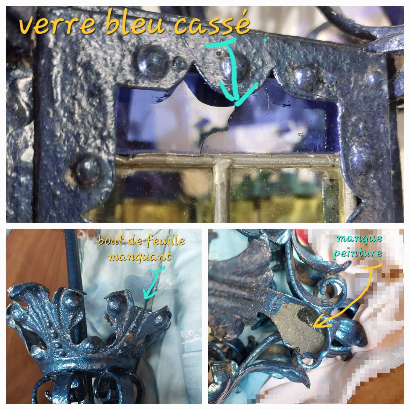 Large antique wrought iron lantern with stained glass windows