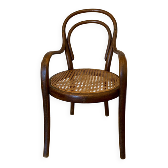 Thonet style children's armchair curved round wood turned old canework 1900