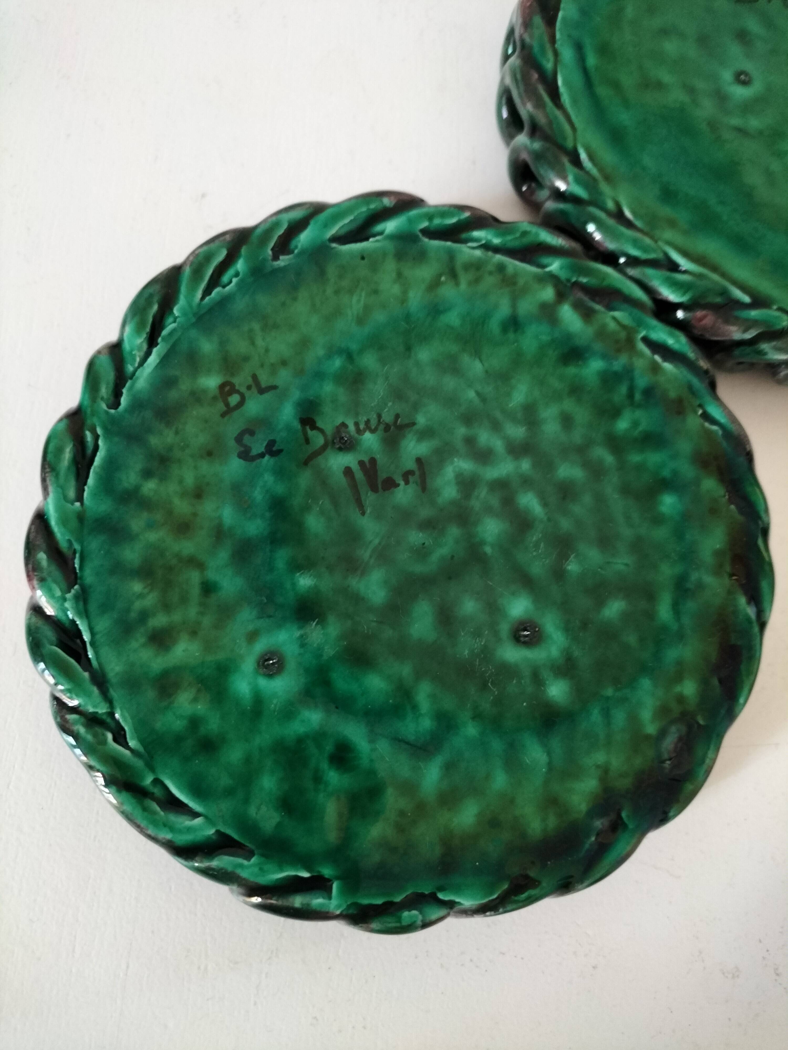 Pair of enamelled woven ceramic trinket trays signed BL, Le Brusc (Var)