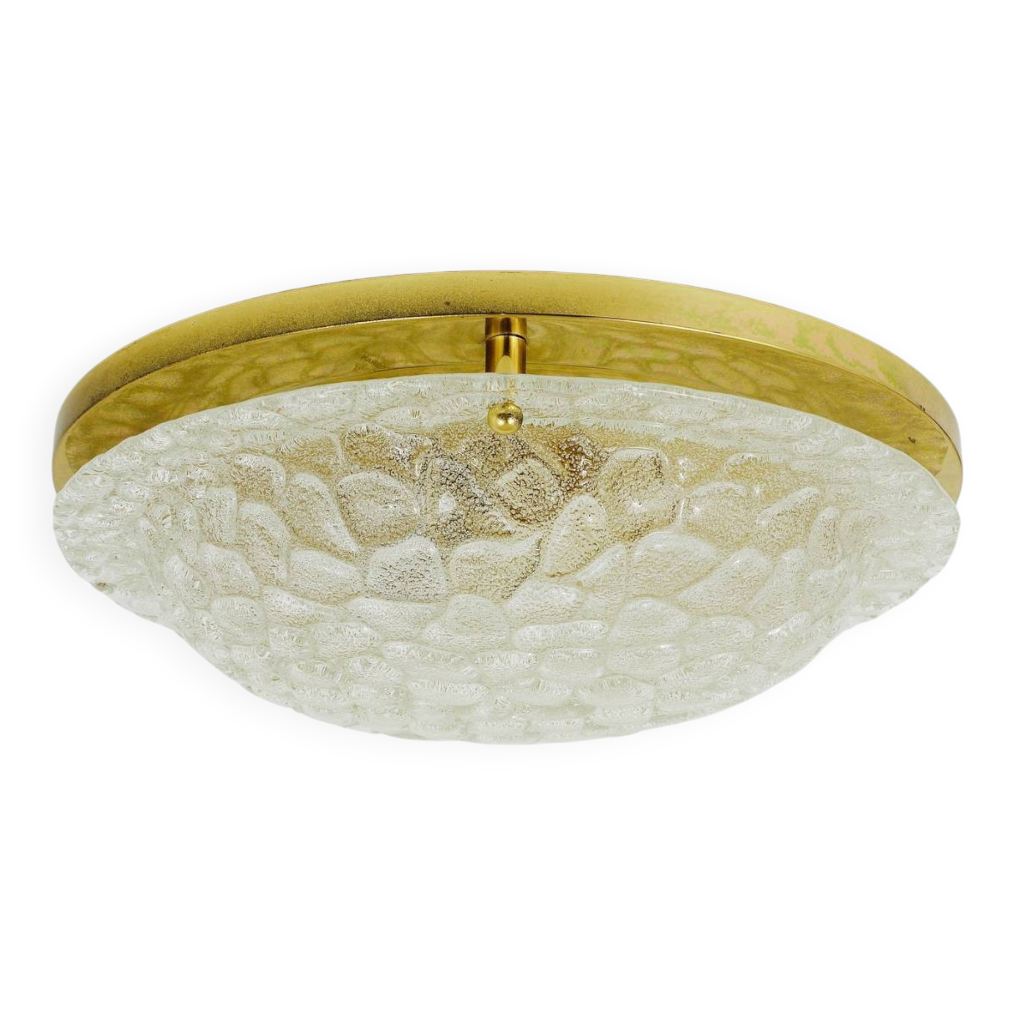 Large Hillebrand ceiling light in textured bubble glass and brass, Germany, 1970s.