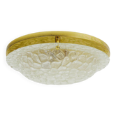 Large Hillebrand ceiling light in textured bubble glass and brass, Germany, 1970s.