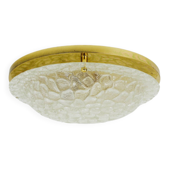 Large Hillebrand ceiling light in textured bubble glass and brass, Germany, 1970s.