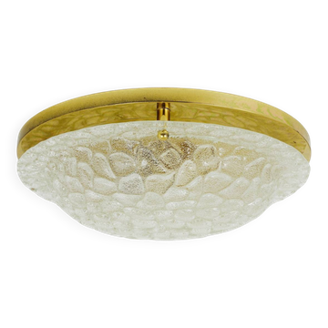 Large Hillebrand ceiling light in textured bubble glass and brass, Germany, 1970s.