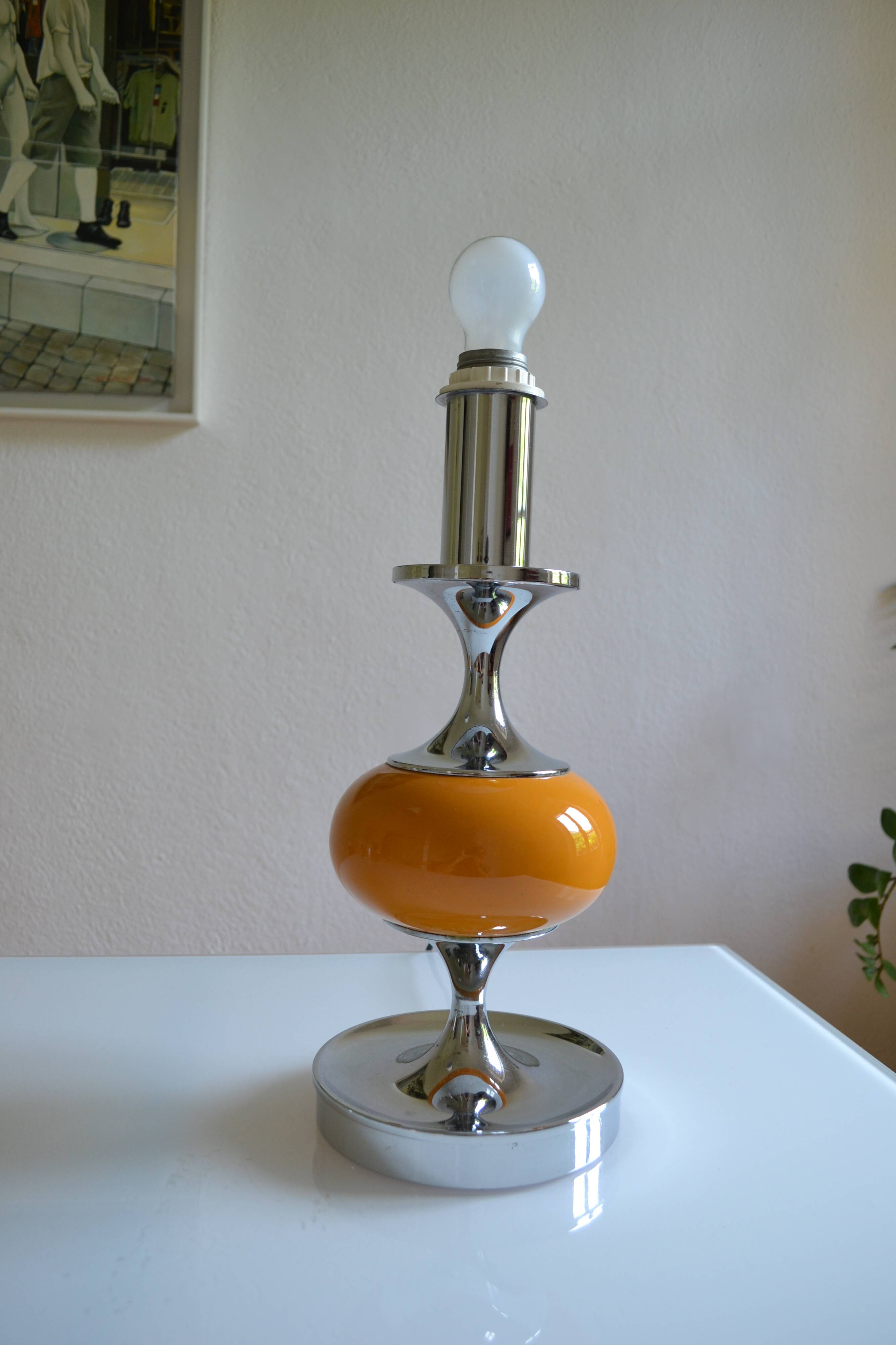 Vintage lamp base yellow and chrome metal circa 1970