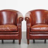 Set of 2 Cognac-Colored Cowhide Leather Club Chairs with Matching Ottoman