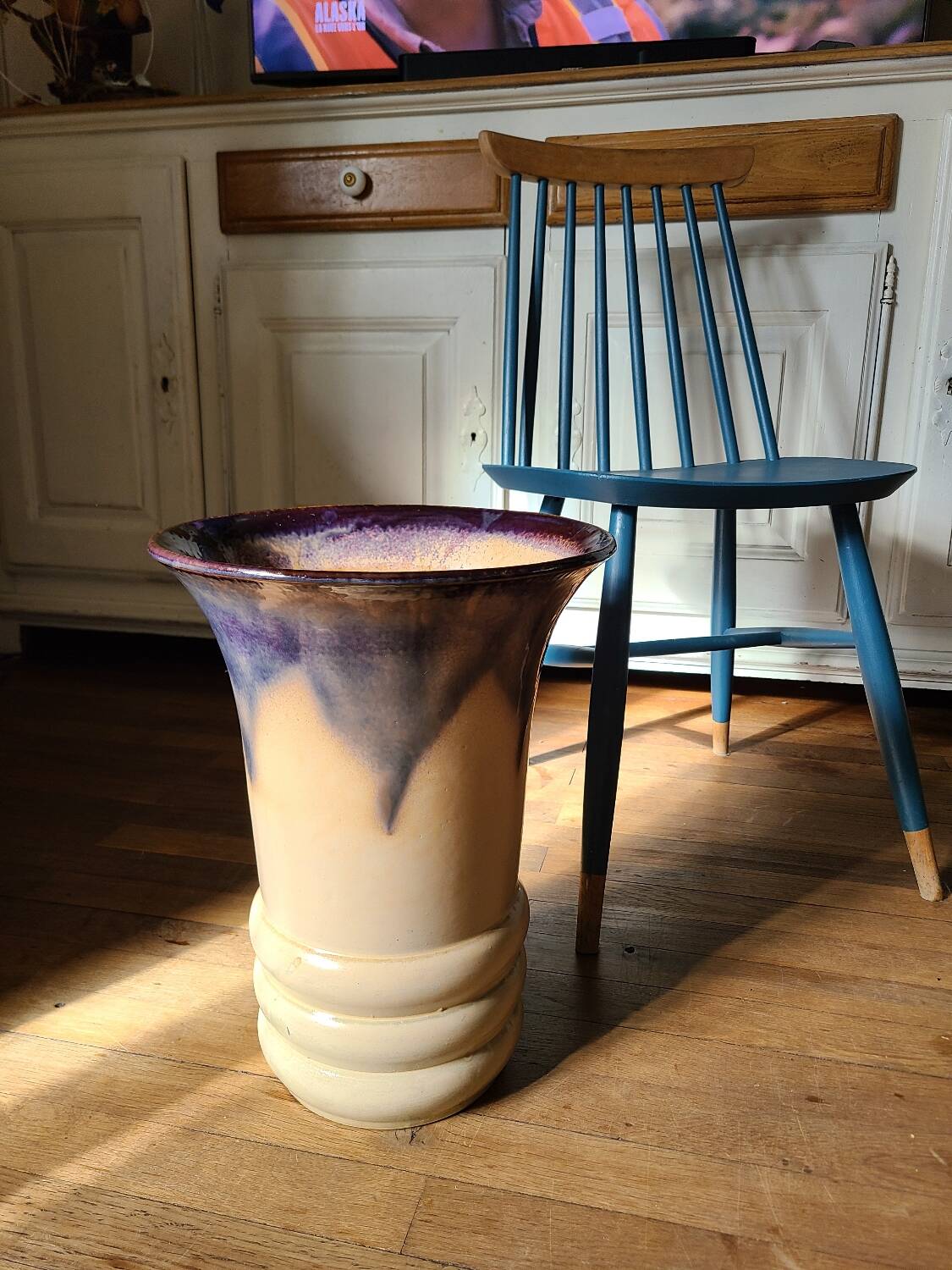 Large ceramic vase circa 50 blue/purple/beige enamel